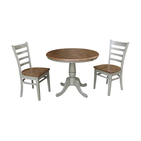 International Concepts Round 36 in Rd Extension Dining Table, 2 Emily Chairs, Hickory/Stone, 36 W, 48 L, 29.3 in H, Wood K41-36RXT-C617-2